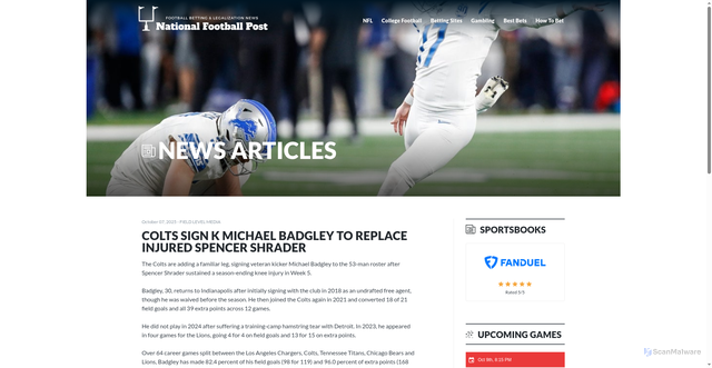 Security scan screenshot of https://www.nationalfootballpost.com/nfl/colts-sign-k-michael-badgley-to-replace-injured-spencer-shrader/