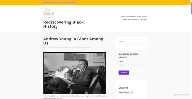 Security scan screenshot of https://rediscovering-black-history.blogs.archives.gov/2021/04/01/andrew-young-a-giant-among-us/