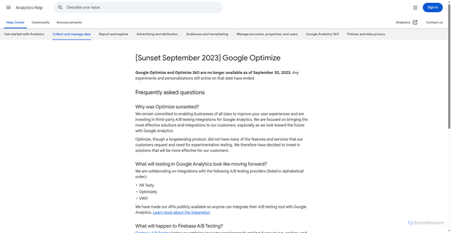 Security scan screenshot of https://optimize.google.com