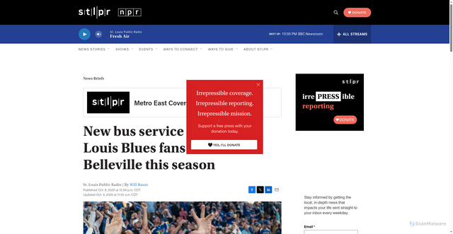 Security scan screenshot of https://www.stlpr.org/news-briefs/2025-10-08/new-bus-service-will-take-st-louis-blues-fans-to-and-from-belleville-this-season
