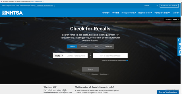 Security scan screenshot of https://vinrcl.safercar.gov