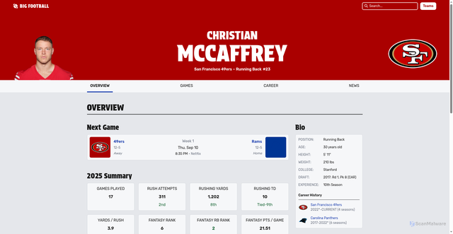 Security scan screenshot of https://www.bigfootball.co/player/christian-mccaffrey-3117251