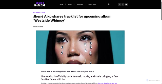 Security scan screenshot of https://remixdmagazine.com/jhene-aiko-tracklist-upcoming-album-westside-whimsy/