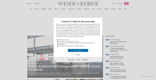 Security scan screenshot of https://weser-kurier.de