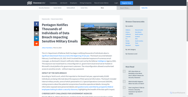 Security scan screenshot of https://news.clearancejobs.com/2024/02/19/pentagon-notifies-thousands-of-individuals-of-data-breach-impacting-sensitive-military-emails/