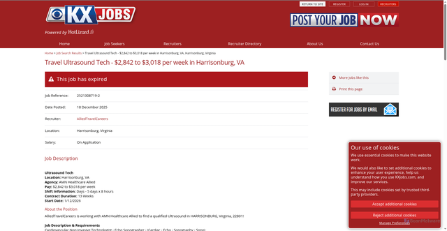 Security scan screenshot of https://jobs.kxnet.com/jobs/travel-ultrasound-tech-2-842-to-3-018-per-week-in-harrisonburg-va-harrisonburg-virginia/2521308719-2/