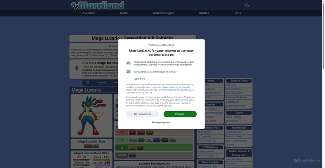 Security scan screenshot of https://marriland.com/pokedex/mega-lucario/