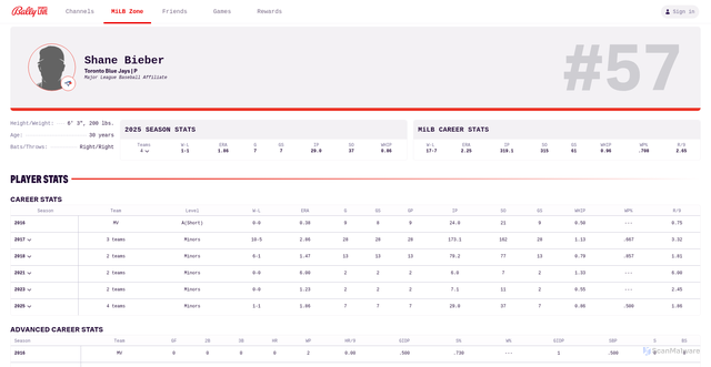 Security scan screenshot of https://www.ballysports.com/zones/milb/player/669456-shane-bieber