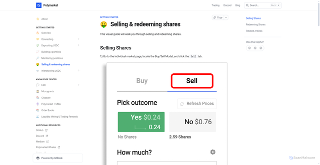 Security scan screenshot of https://legacy-docs.polymarket.com/getting-started/redeeming-shares