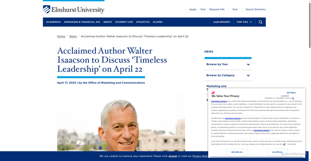 Security scan screenshot of https://www.elmhurst.edu/news/acclaimed-author-walter-isaacson-to-discuss-timeless-leadership-on-april-22/