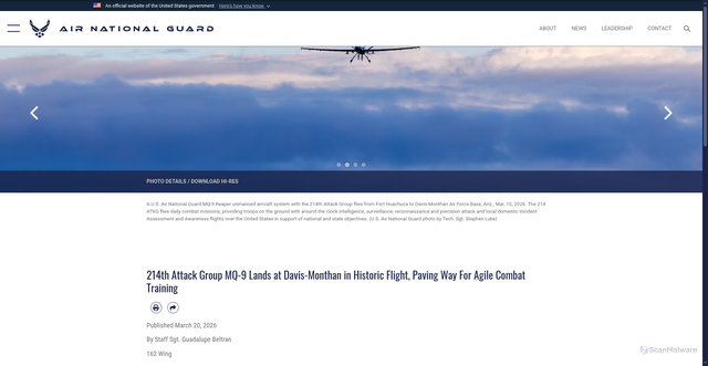 Security scan screenshot of https://www.ang.af.mil/Media/Article-Display/Article/4439583/214th-attack-group-mq-9-lands-at-davis-monthan-in-historic-flight-paving-way-fo/