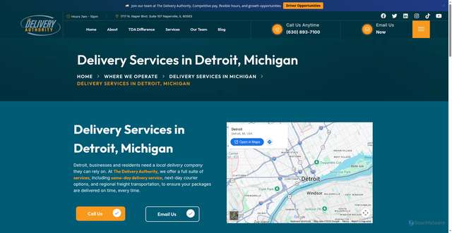 Security scan screenshot of https://thedeliveryauthority.com/where-we-operate/delivery-services-in-michigan/detroit/
