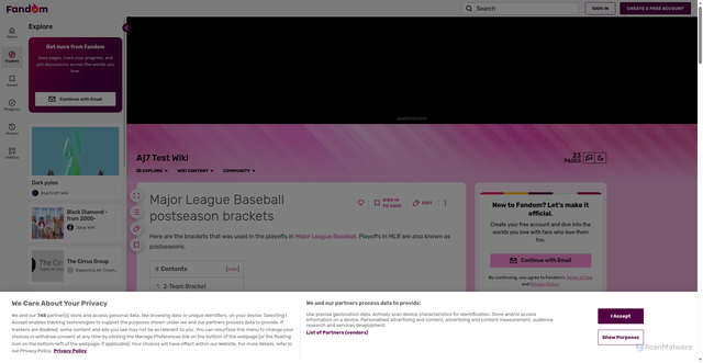 Security scan screenshot of https://aj7.fandom.com/wiki/Major_League_Baseball_postseason_brackets