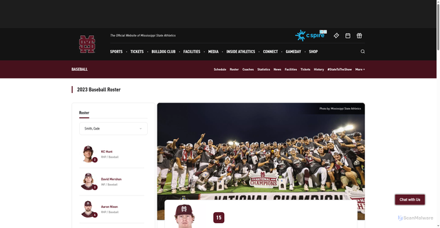 Security scan screenshot of https://hailstate.com/sports/baseball/roster/cade-smith/6384
