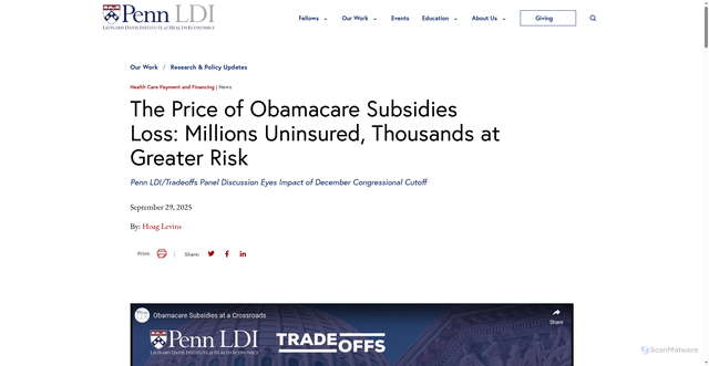 Security scan screenshot of https://ldi.upenn.edu/our-work/research-updates/the-price-of-obamacare-subsidies-loss-millions-uninsured-thousands-at-greater-risk/