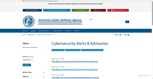 Security scan screenshot of https://www.cisa.gov/news-events/cybersecurity-advisories