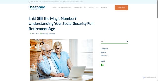 Security scan screenshot of https://healthcaremarketplaceadvisors.com/understanding-your-social-security-full-retirement-age/
