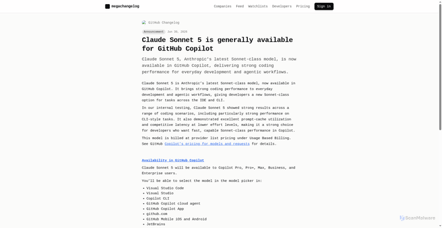 Security scan screenshot of https://megachangelog.com/changes/github/claude-sonnet-5-is-generally-available-for-github-copilot-5ff450f