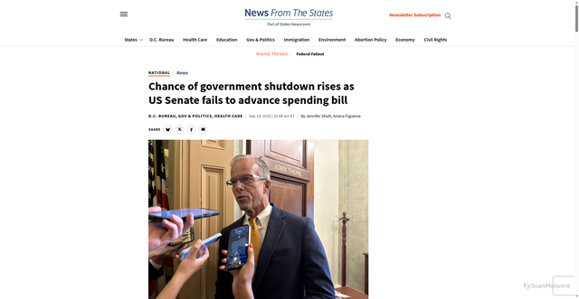 Security scan screenshot of https://www.newsfromthestates.com/article/chance-government-shutdown-rises-us-senate-fails-advance-spending-bill
