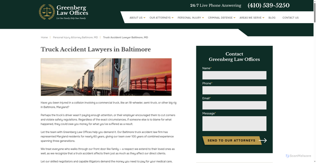 Security scan screenshot of https://greenberglawyers.com/personal-injury-baltimore/truck-accidents/