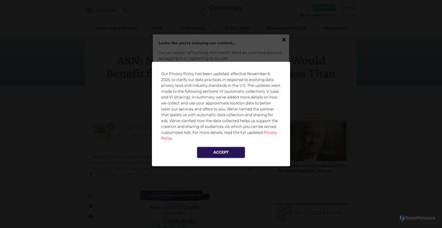 Security scan screenshot of https://www.thecardiologyadvisor.com/news/asn-nearly-all-adults-with-ckd-would-benefit-from-systolic-bp-target-of-less-than-120-mm-hg/