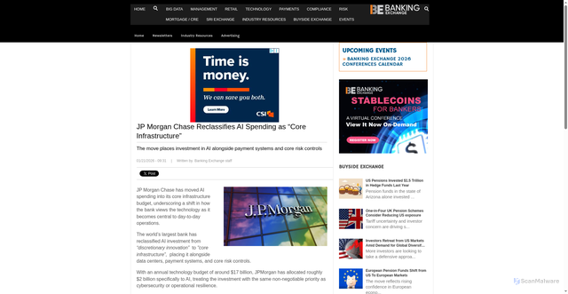 Security scan screenshot of https://www.bankingexchange.com/news-feed/item/10520-jp-morgan-chase-reclassifies-ai-spending-as-core-infrastructure
