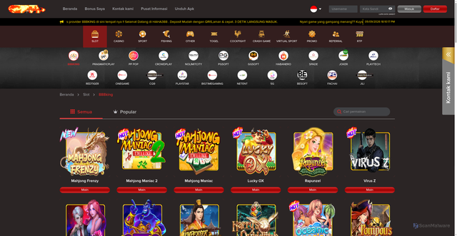 Security scan screenshot of https://haha388lucky.com/games/slot/888king