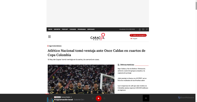 Security scan screenshot of https://caracol.com.co/2025/10/09/once-caldas-vs-atletico-nacional-en-vivo-por-cuartos-de-copa-siga-aca-el-minuto-a-minuto-online/