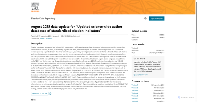 Security scan screenshot of https://elsevier.digitalcommonsdata.com/datasets/btchxktzyw/8