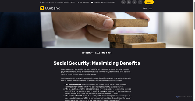 Security scan screenshot of https://burbank.agencyrevolutiondemo.com/resource-center/retirement/maximizing-your-social-security-benefits