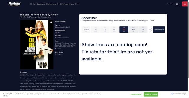 Security scan screenshot of https://www.harkins.com/movies/kill-bill-the-whole-bloody-affair