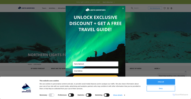 Security scan screenshot of https://adventures.is/information/northern-lights-forecast-for-iceland/?srsltid=AfmBOor6E0JIR_BKfyfyfkHfwur43vd7W-rNuecbWy8miIG8Q53_owID