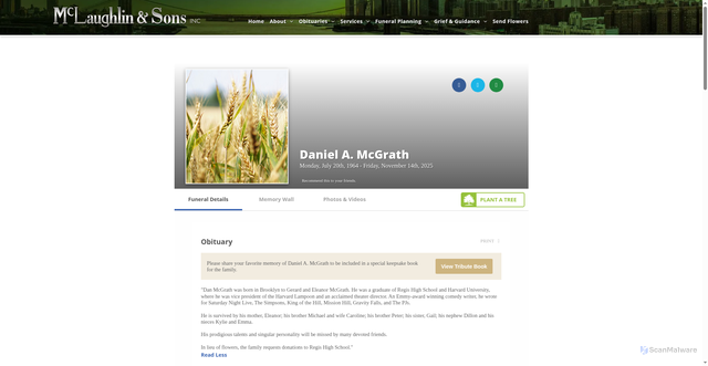 Security scan screenshot of https://www.mclaughlinandsons.com/memorials/daniel-mcgrath/5658417/?fbclid=IwY2xjawOF3sJleHRuA2FlbQIxMQBicmlkETEzVW5DdDFuSHVnZm5Ja1pkc3J0YwZhcHBfaWQQMjIyMDM5MTc4ODIwMDg5MghjYWxsc2l0ZQIzMAABHlzTRMyWs-lDqwY439C2UBQbsmgub23lMMMtnqXG1LYrSXosvq3Nn5BO-u6s_aem_rkGYT9o2yYA1r7GYj7p2Cg
