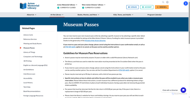 Security scan screenshot of https://www.actonmemoriallibrary.org/services/museum-passes/