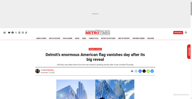 Security scan screenshot of https://www.metrotimes.com/news/detroits-enormous-american-flag-vanishes-day-after-its-big-reveal/