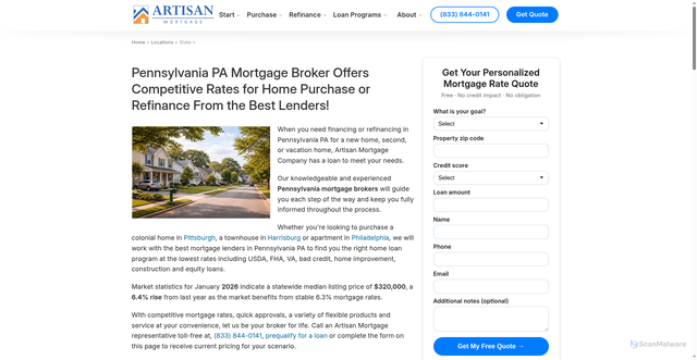 Security scan screenshot of https://www.artisanhomemortgage.com/pennsylvania-mortgage-broker-home-loans.html