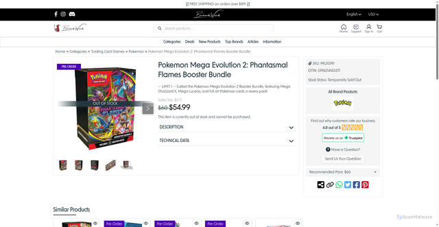 Security scan screenshot of https://backwoodswizards.com/store/trading-card-games-c-6/pokemon-c-41/pokemon-mega-evolution-2-phantasmal-flames-booster-bundle-p-1286?srsltid=AfmBOoqK_qZ9tVyJb_TvkV7bM4TD3we-Xf4fVFNERqS5ey1Thp8SMEE4