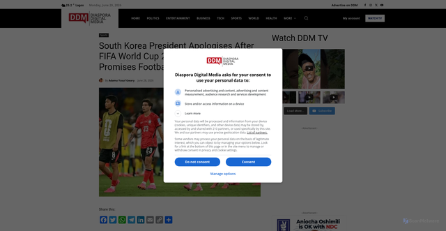Security scan screenshot of https://diasporadigitalmedia.com/south-korea-president-apologises-after-fifa-world-cup-2026-group-stage-exit-promises-football-reforms/