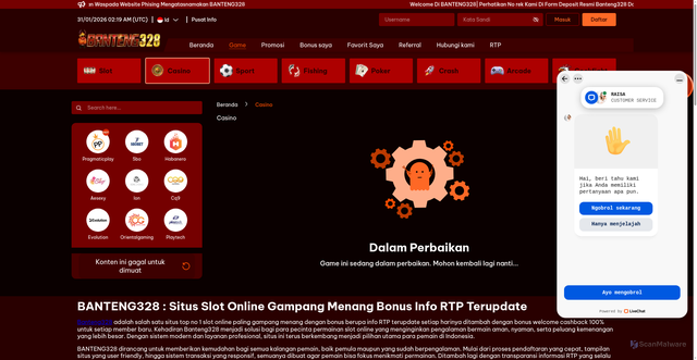 Security scan screenshot of https://banteng328bersama.com/games/casino