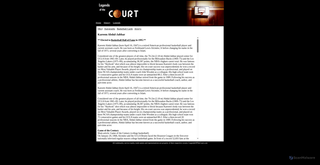 Security scan screenshot of http://www.legendsofthecourt.com/default.asp?view=legends&action=bio&legendname=Kareem+Abdul-Jabbar&legendid=84
