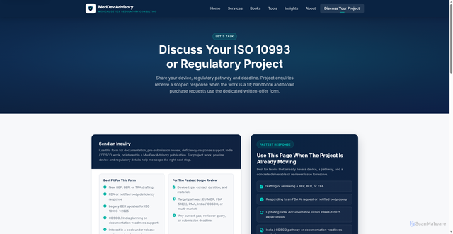 Security scan screenshot of https://meddevadvisory-site.pages.dev/contact.html?source=collaboration-education-ecosystem