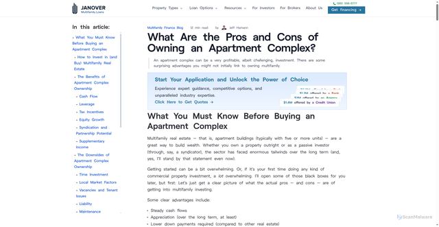 Security scan screenshot of https://www.multifamily.loans/apartment-finance-blog/what-are-the-pros-and-cons-of-owning-an-apartment-complex/