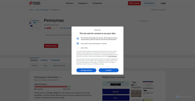 Security scan screenshot of https://pennymac.pissedconsumer.com/review.html