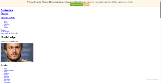 Security scan screenshot of https://aso.gov.au/people/Heath_Ledger/portrait/