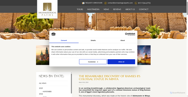 Security scan screenshot of https://archaeologicalpaths.com/news/the-remarkable-discovery-of-ramses-ii-s-colossal-statue-in-minya