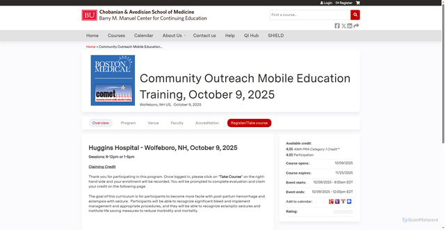 Security scan screenshot of https://cme.bu.edu/content/community-outreach-mobile-education-training-october-9-2025