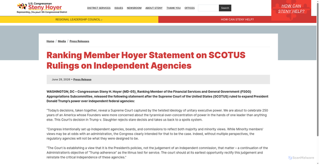 Security scan screenshot of https://hoyer.house.gov/media/press-releases/ranking-member-hoyer-statement-scotus-rulings-independent-agencies