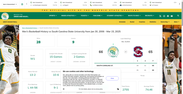 Security scan screenshot of https://nsuspartans.com/sports/mens-basketball/opponent-history/south-carolina-state-university/3