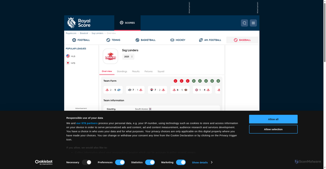 Security scan screenshot of https://www.royalscore.com/baseball/team/ssg%20landers/244826
