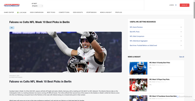 Security scan screenshot of https://oddscrowd.com/insight/Falcons-vs-Colts-NFL-Week-10-Best-Picks-in-Berlin